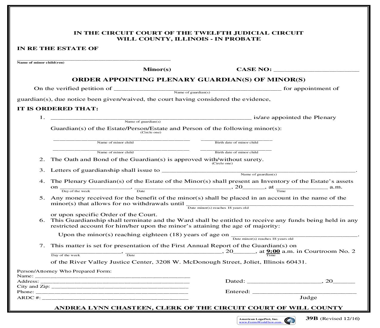 Order Appointing Plenary Guardian(s) Of Minor(s) {39B} | Pdf Fpdf Doc Docx | Illinois