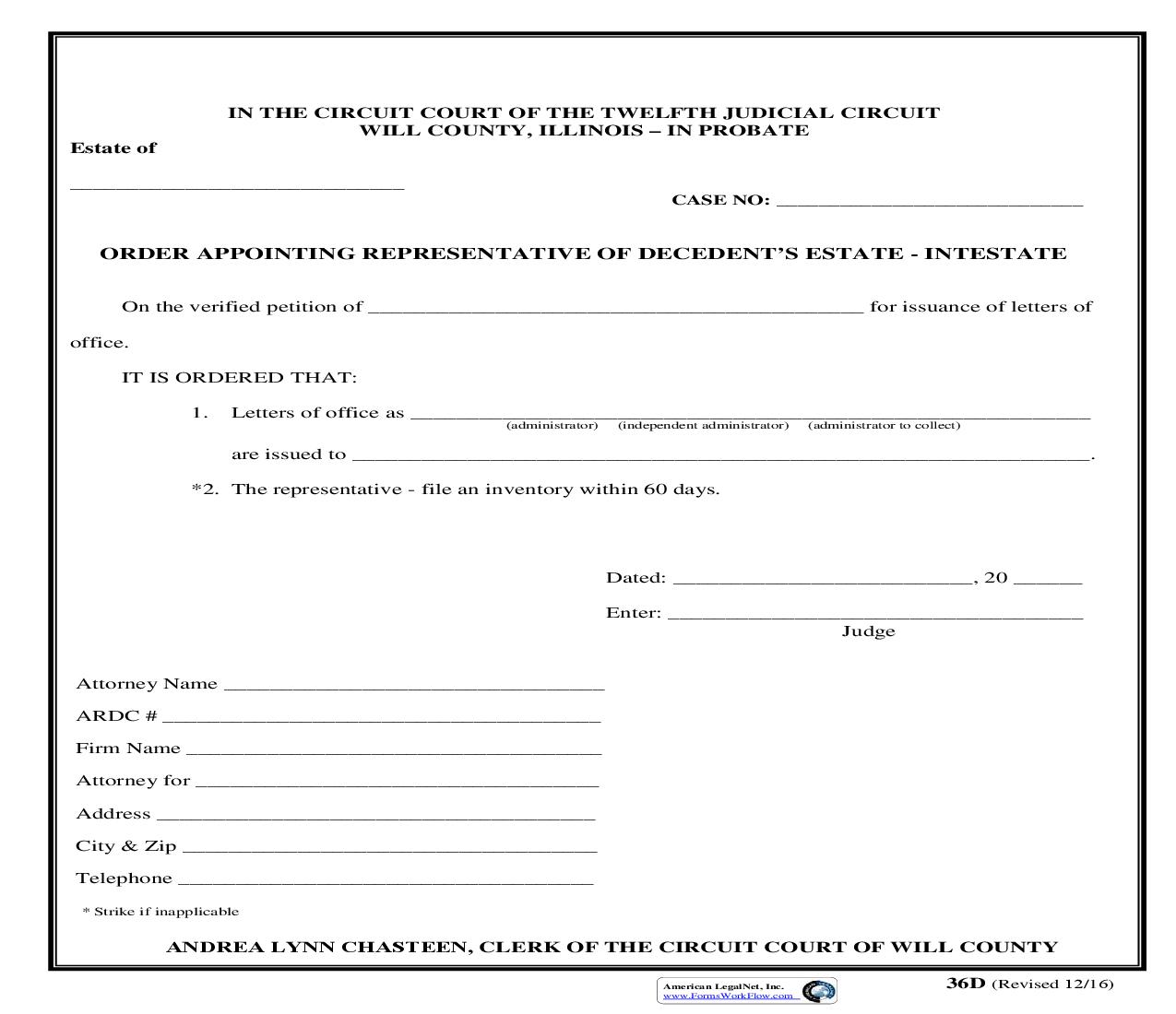 Order Appointing Representative Of Decedents Estate - Intestate {36D} | Pdf Fpdf Doc Docx | Illinois