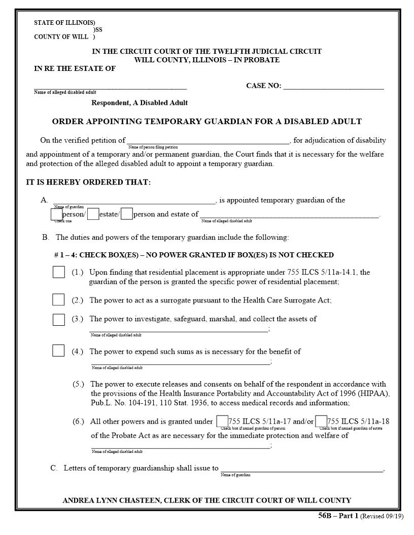 Order Appointing Temporary Guardian For Disabled Adult {56B} | Pdf Fpdf Doc Docx | Illinois