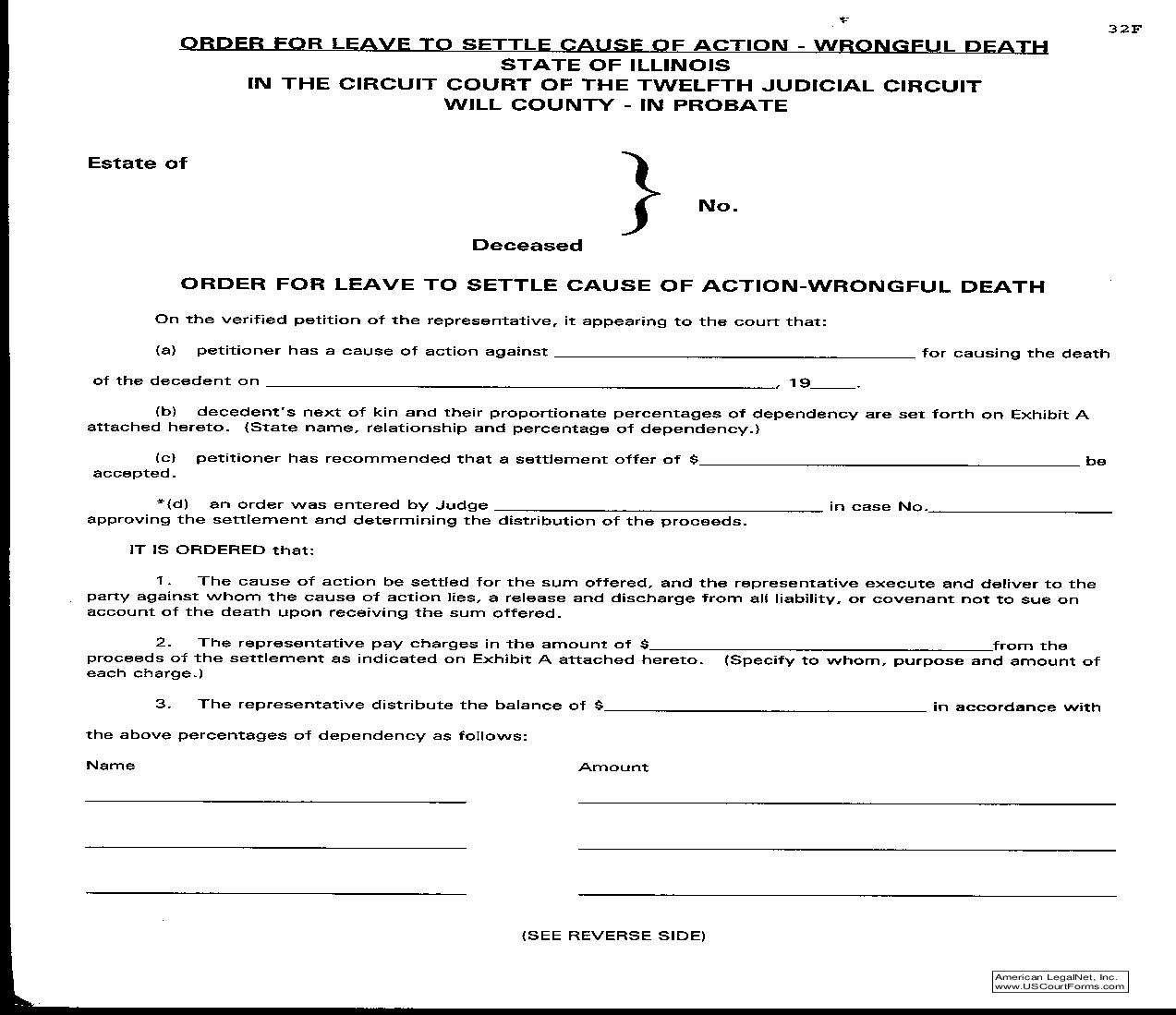 Order For Leave To Settle Cause Of Action-Wrongful Death {32F} | Pdf Fpdf Doc Docx | Illinois