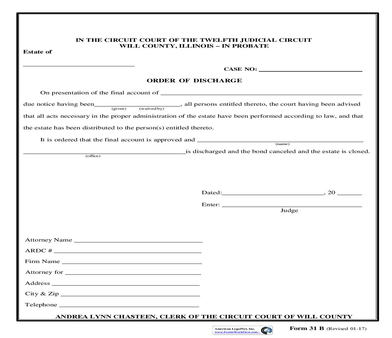 Order Of Discharge {31B} | Pdf Fpdf Doc Docx | Illinois