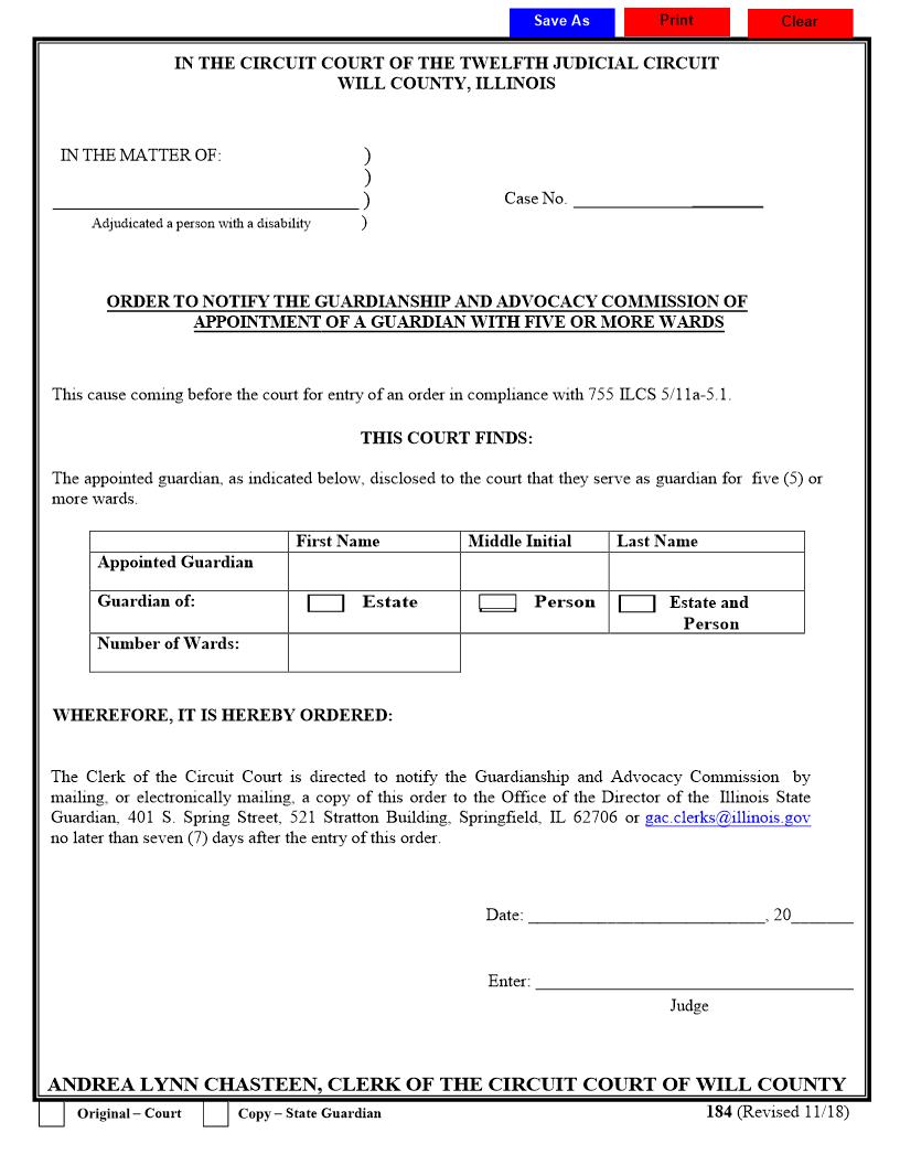Order To Notify GAC Appointment Of Guardian 5 Or More Wards {184} | Pdf Fpdf Docx | Illinois
