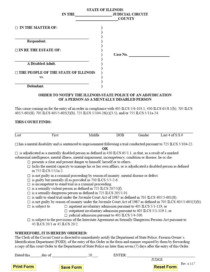 Order To Notify State Police Adjudication Of Person Mentally Disabled | Pdf Fpdf Docx | Illinois