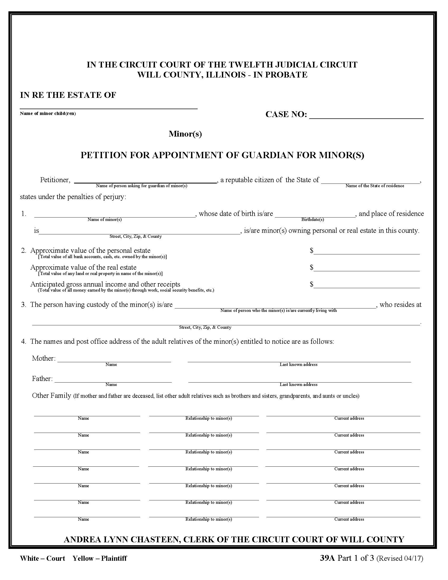 Petition For Appointment Of Guardian For Minor(s) {39A} | Pdf Fpdf Doc Docx | Illinois