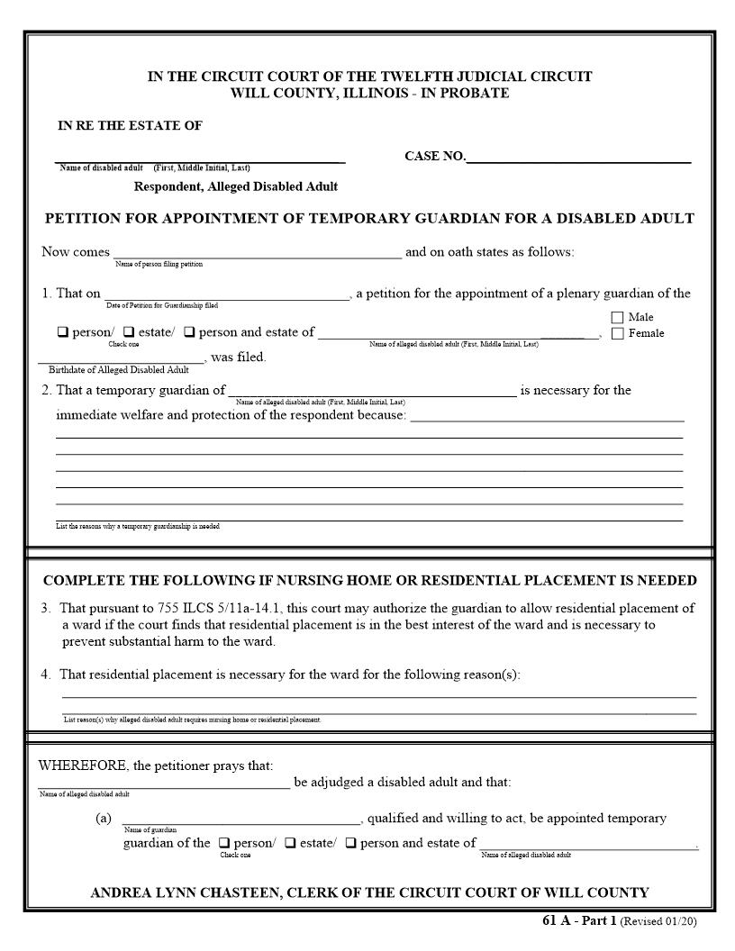 Petition For Appointment Of Temporary Guardian For Disabled Adult {61A} | Pdf Fpdf Doc Docx | Illinois