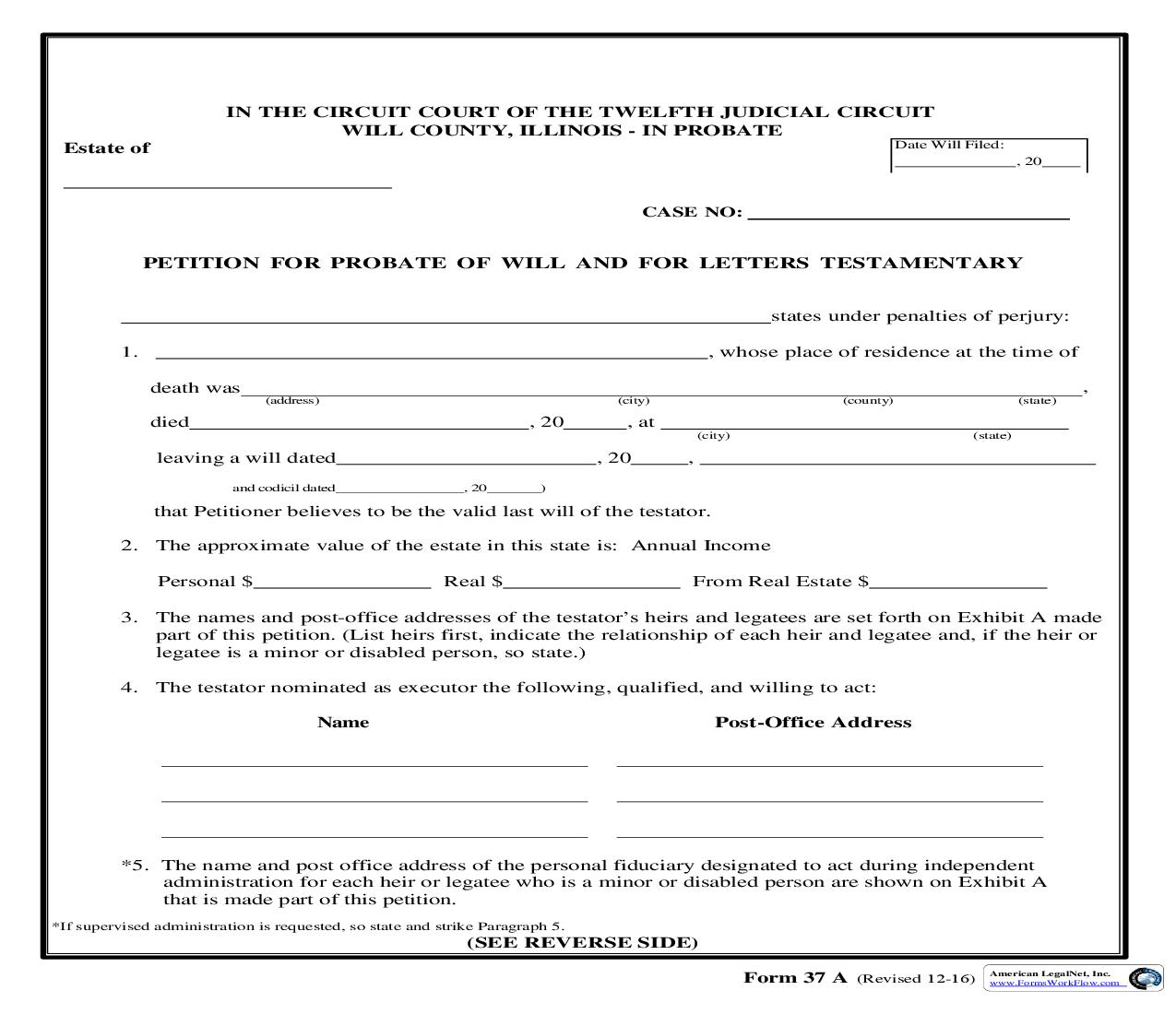 Petition For Probate Of Will And For Letters Testamentary {37A} | Pdf Fpdf Doc Docx | Illinois