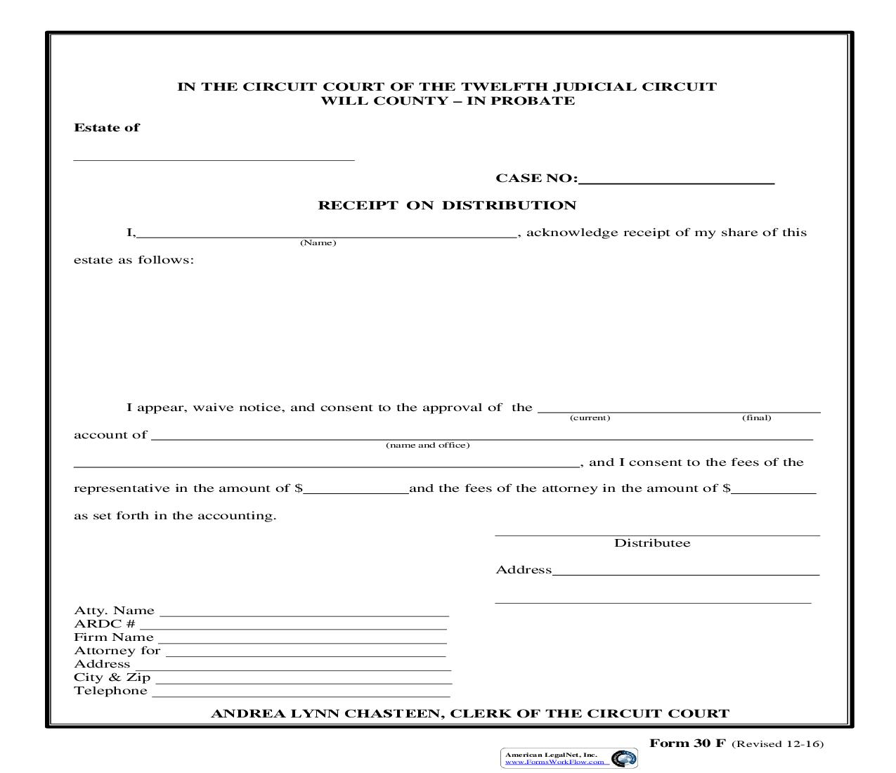 Receipt On Distribution {30F} | Pdf Fpdf Doc Docx | Illinois