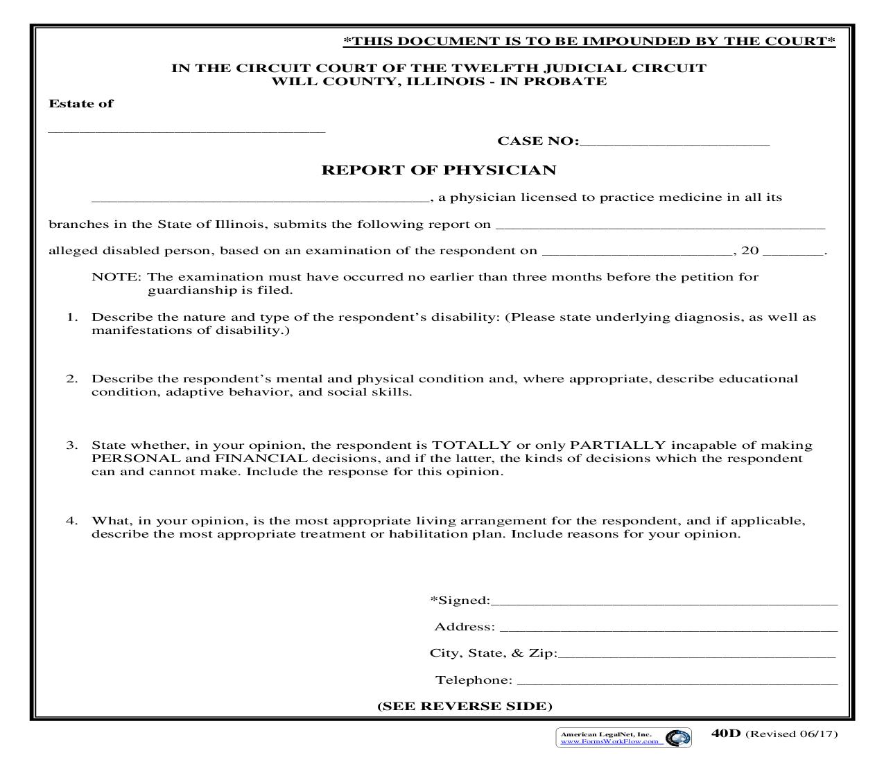Report Of Physician {40D} | Pdf Fpdf Doc Docx | Illinois
