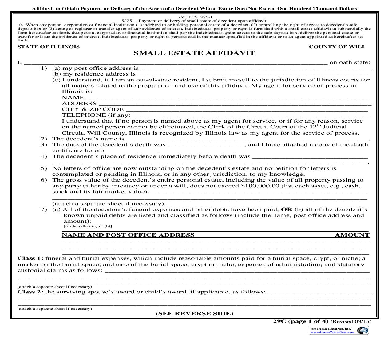 Small Estate Affidavit {29C} | Pdf Fpdf Doc Docx | Illinois