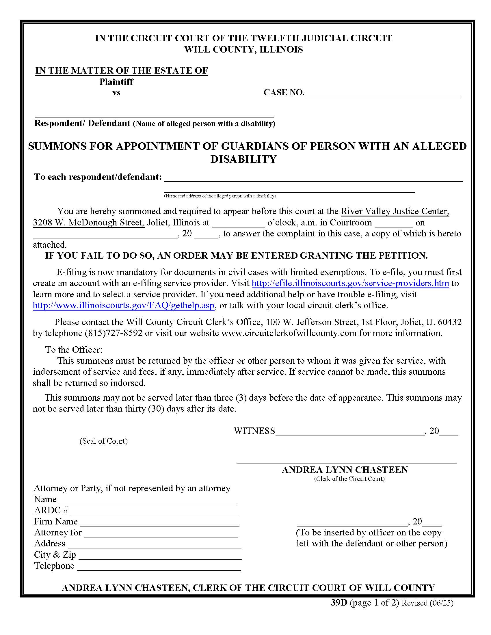 Summons For Appointment Of Guardians Of Person With Alleged Disability {39D} | Pdf Fpdf Docx | Illinois
