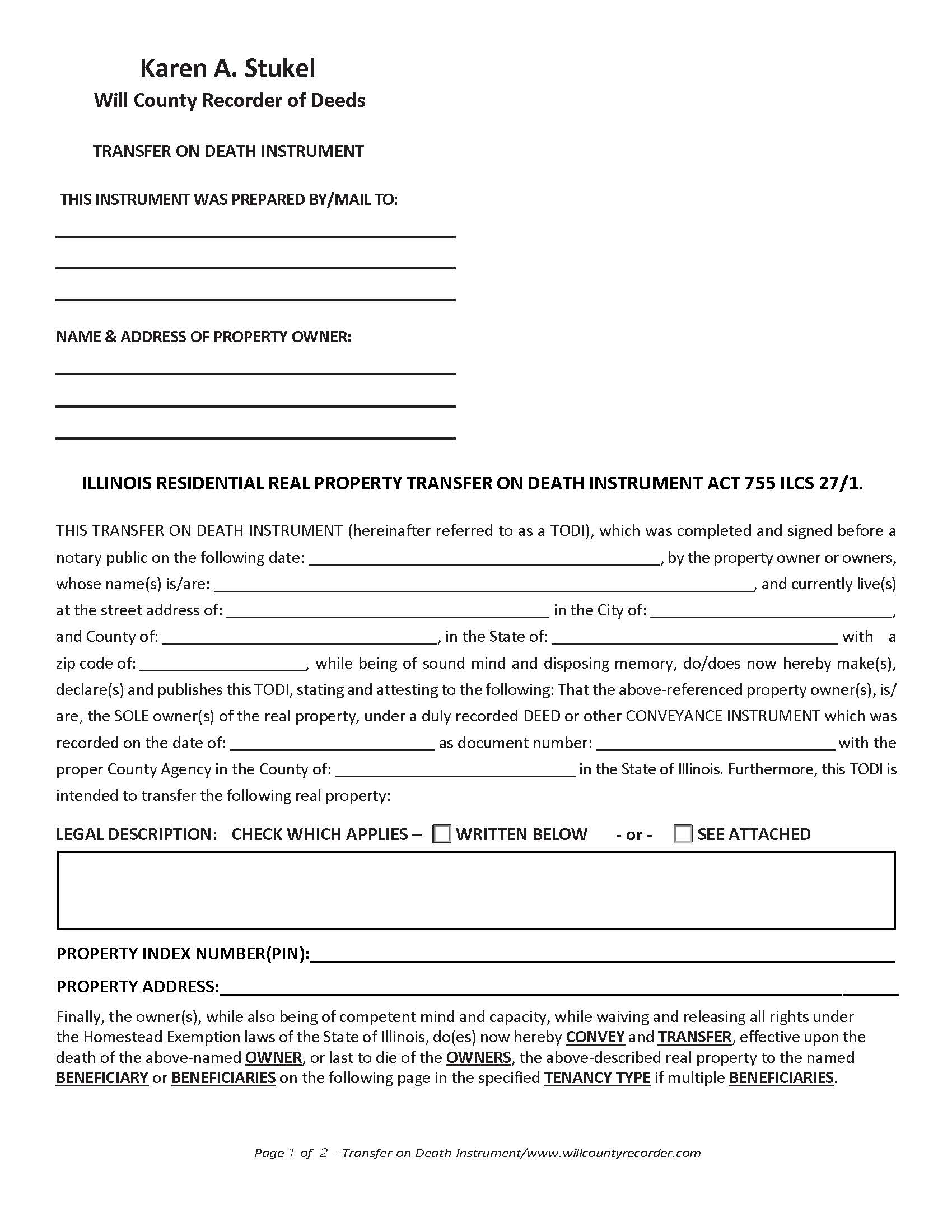 Transfer On Death Instrument | Pdf Fpdf Docx | Illinois