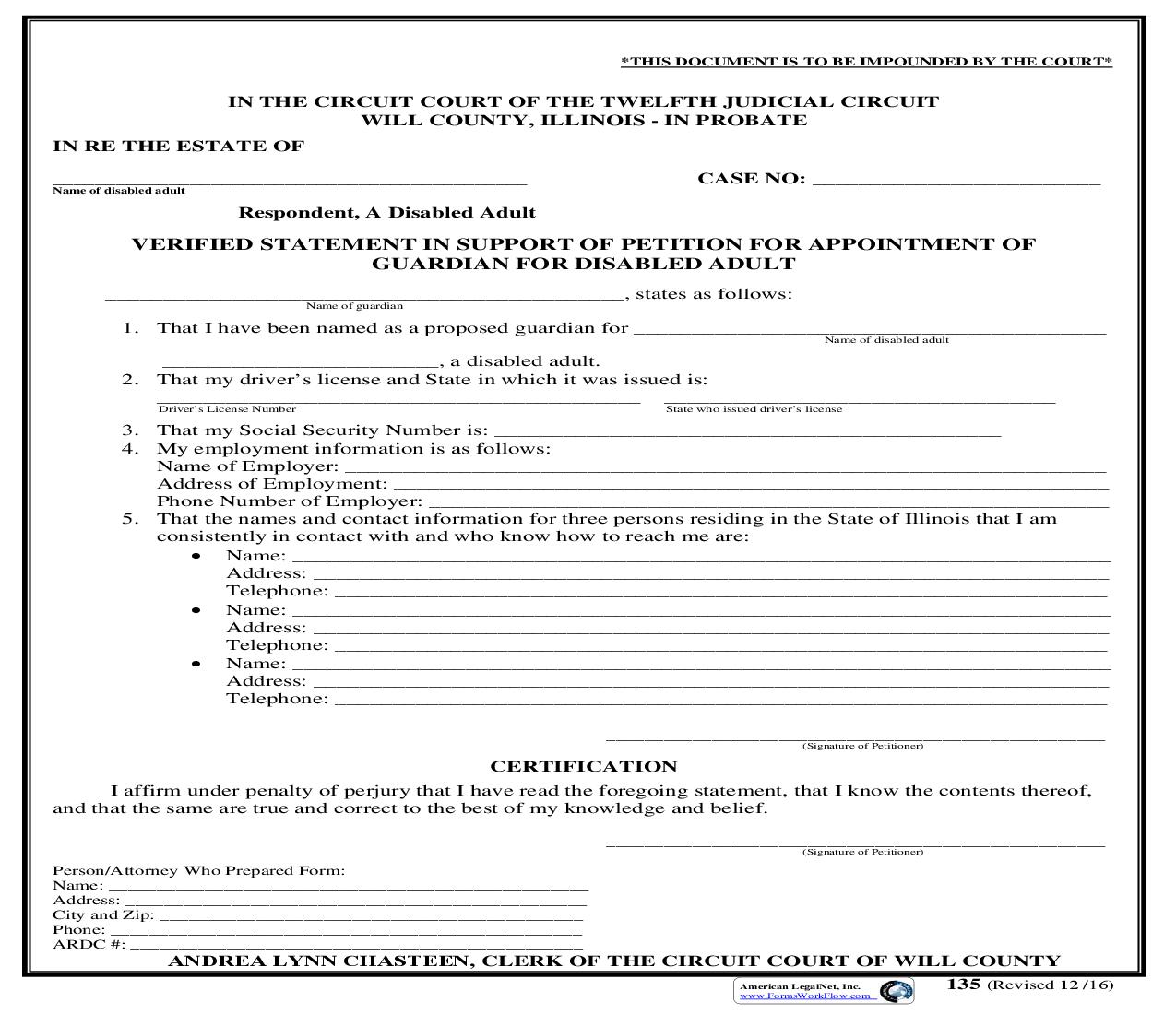 Verified Statement In Support Of Petition For Appointment Of Guardian For Disabled Adult {135} | Pdf Fpdf Doc Docx | Illinois
