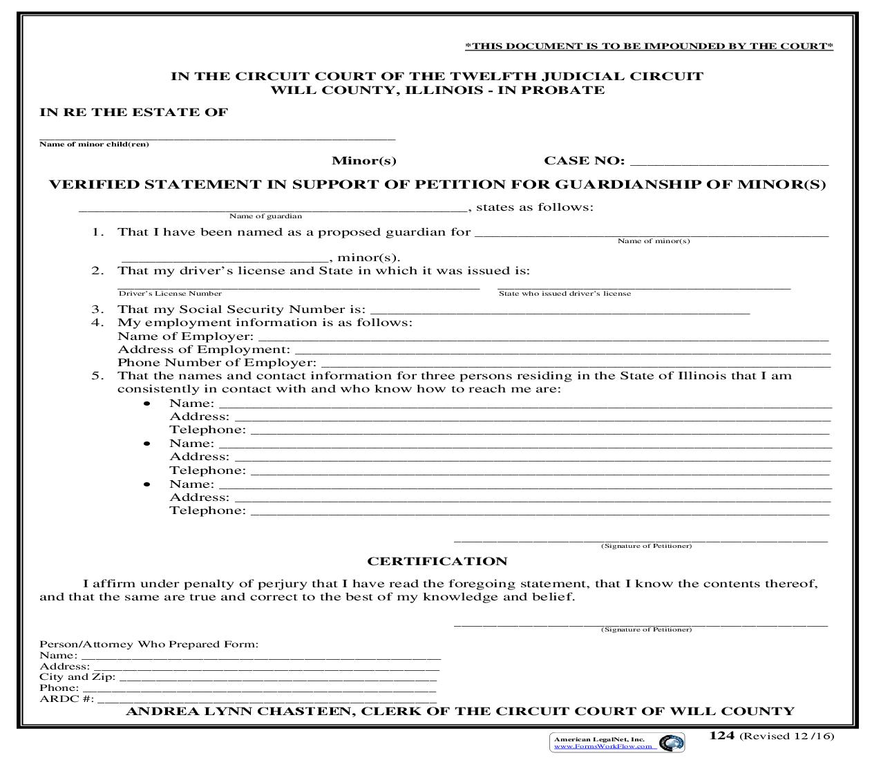 Verified Statement In Support Of Petition For Guardianship Of Minor(s) {124} | Pdf Fpdf Doc Docx | Illinois