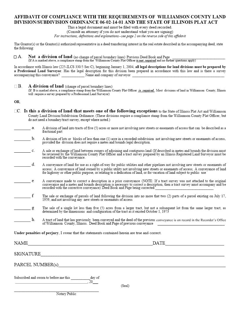 Affidavit Of Compliance County Land Division-Subdivision Ordinance IL Plat Act | Pdf Fpdf Docx | Illinois