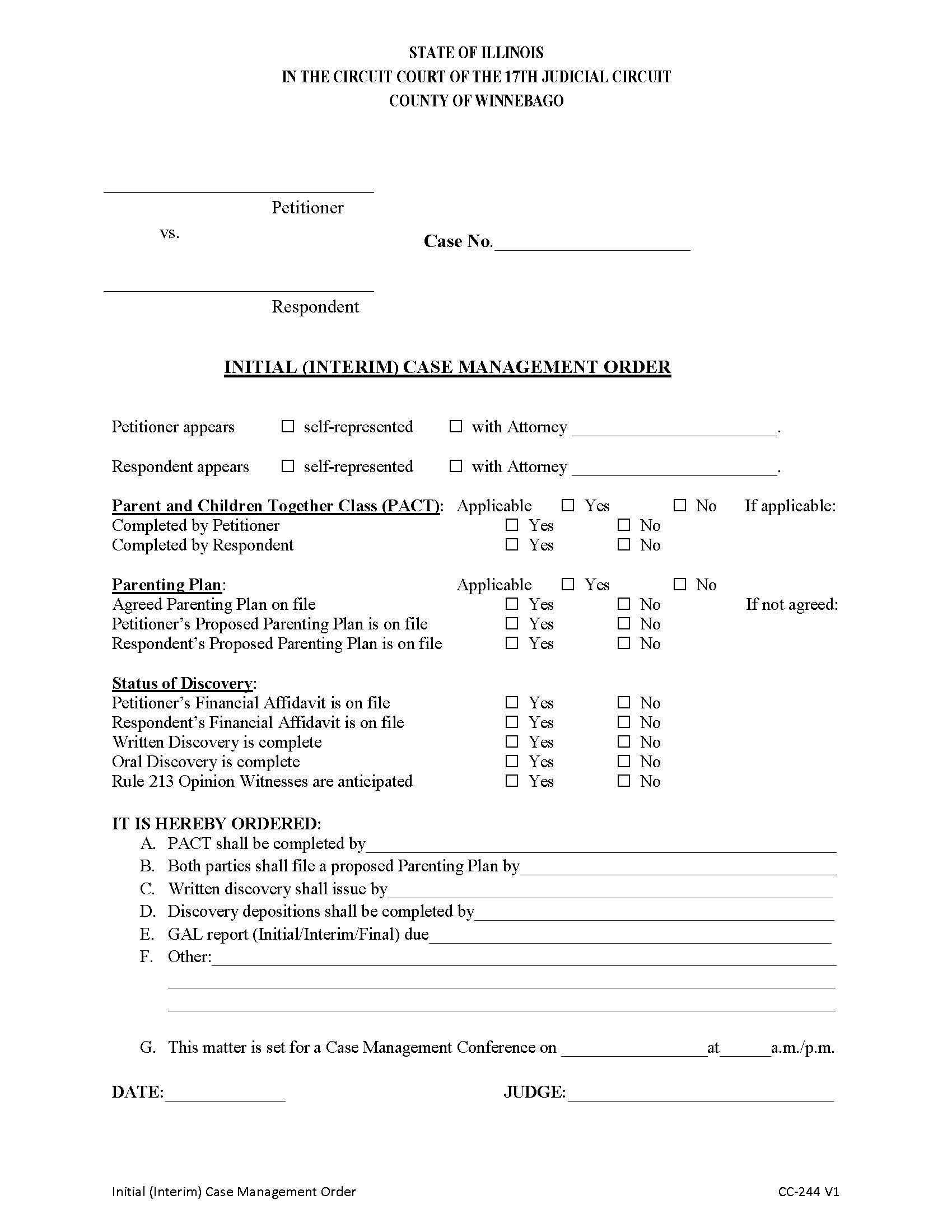 Initial (Interim) Case Management Order {CC-244 V1} | Pdf Fpdf Doc Docx | Illinois