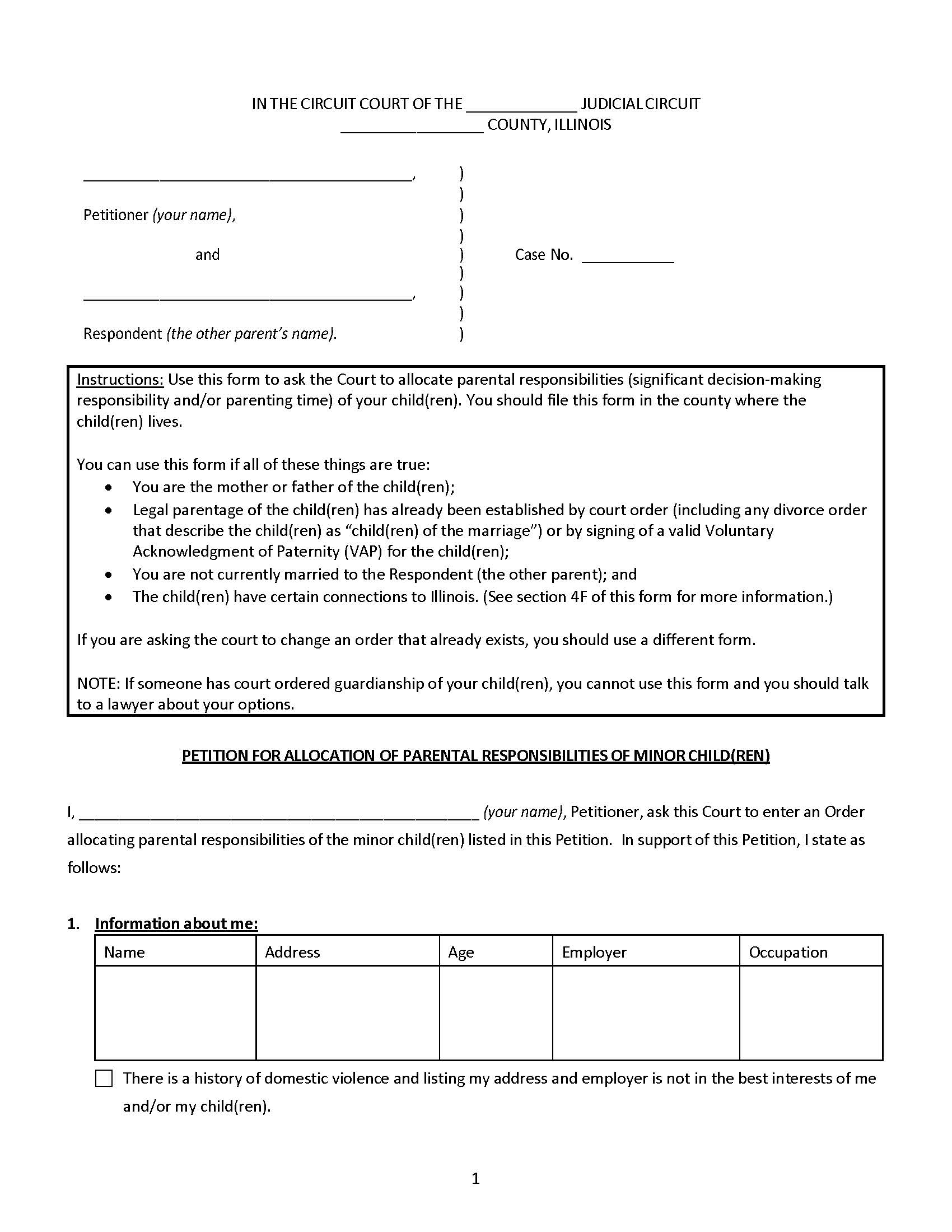 Petition For Allocation Of Parental Responsibilities Of Minor Children | Pdf Fpdf Doc Docx | Illinois