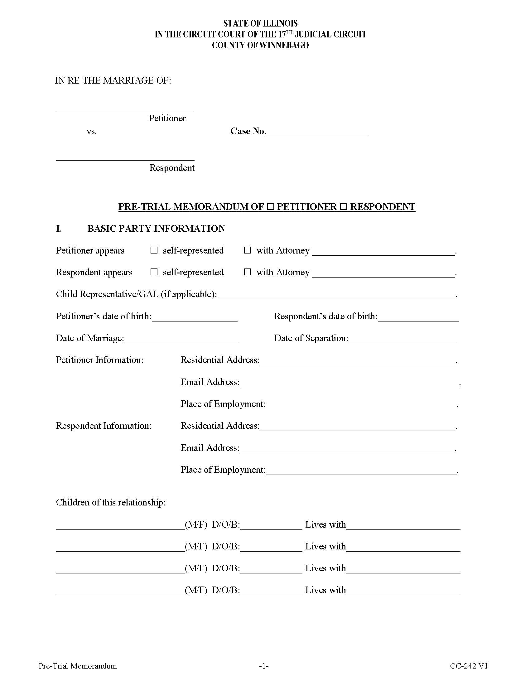 Pretrial Memorandum Of Petitioner Or Respondent {CC-242 V1}} | Pdf Fpdf Doc Docx | Illinois