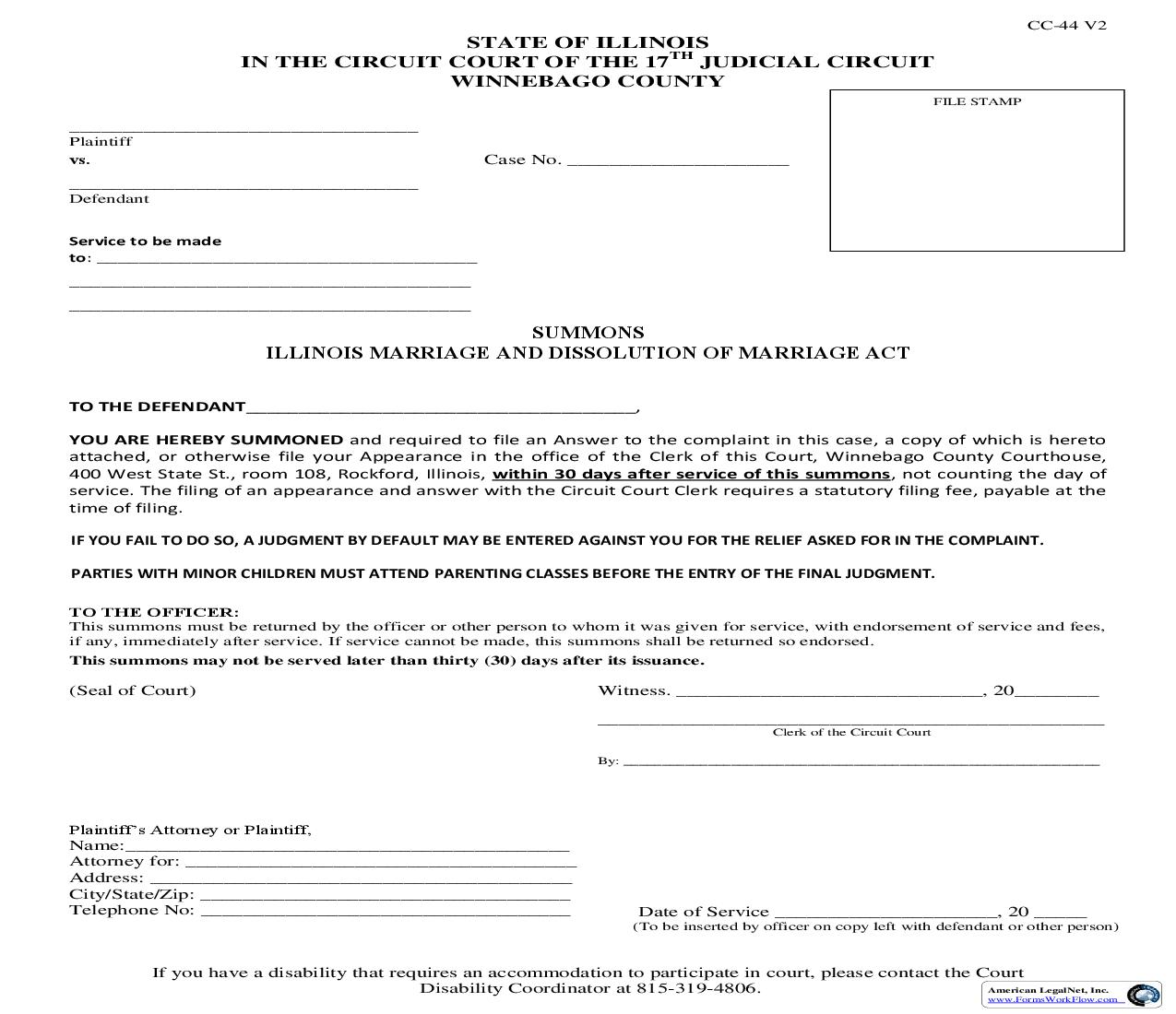 Summons Illinois Marriage And Dissolution Of Marriage Act {CC-44} | Pdf Fpdf Doc Docx | Illinois