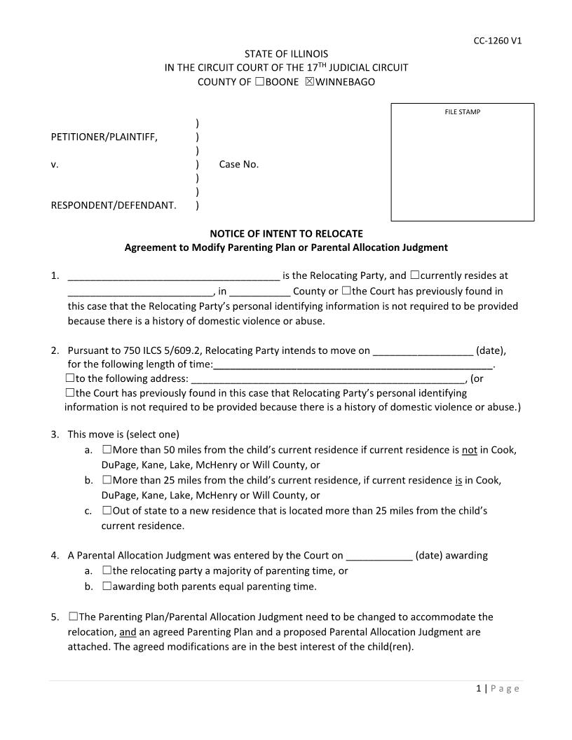 Notice Of Intent To Relocate Modify Parenting Plan Or Allocation {CC-1260} | Pdf Fpdf Docx | Illinois