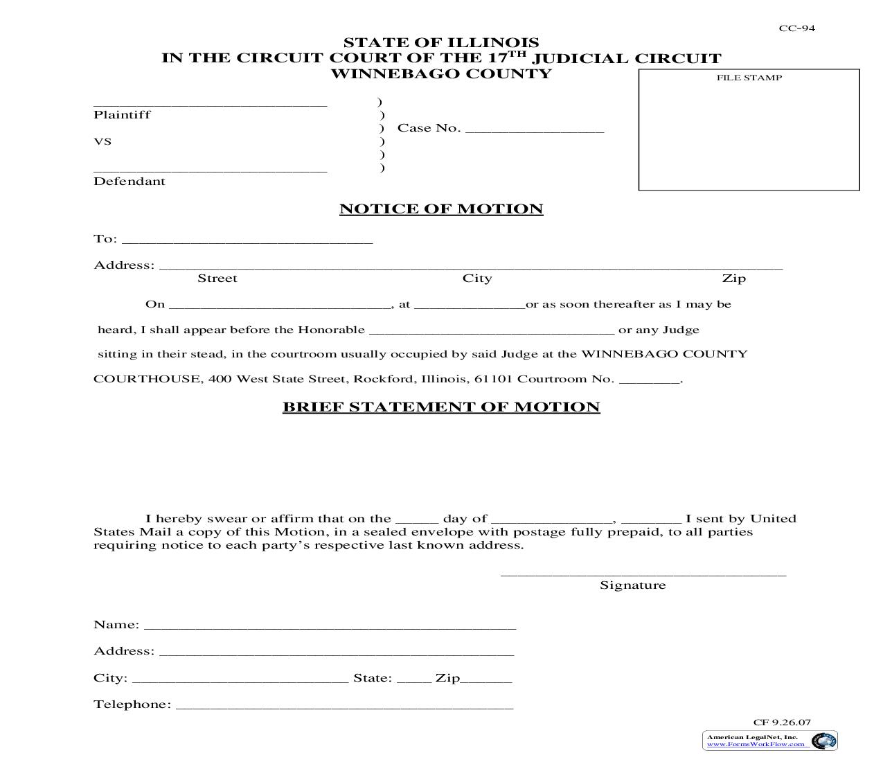 Notice Of Motion (Safe Harbor Child Exchange) {CC-94} | Pdf Fpdf Doc Docx | Illinois