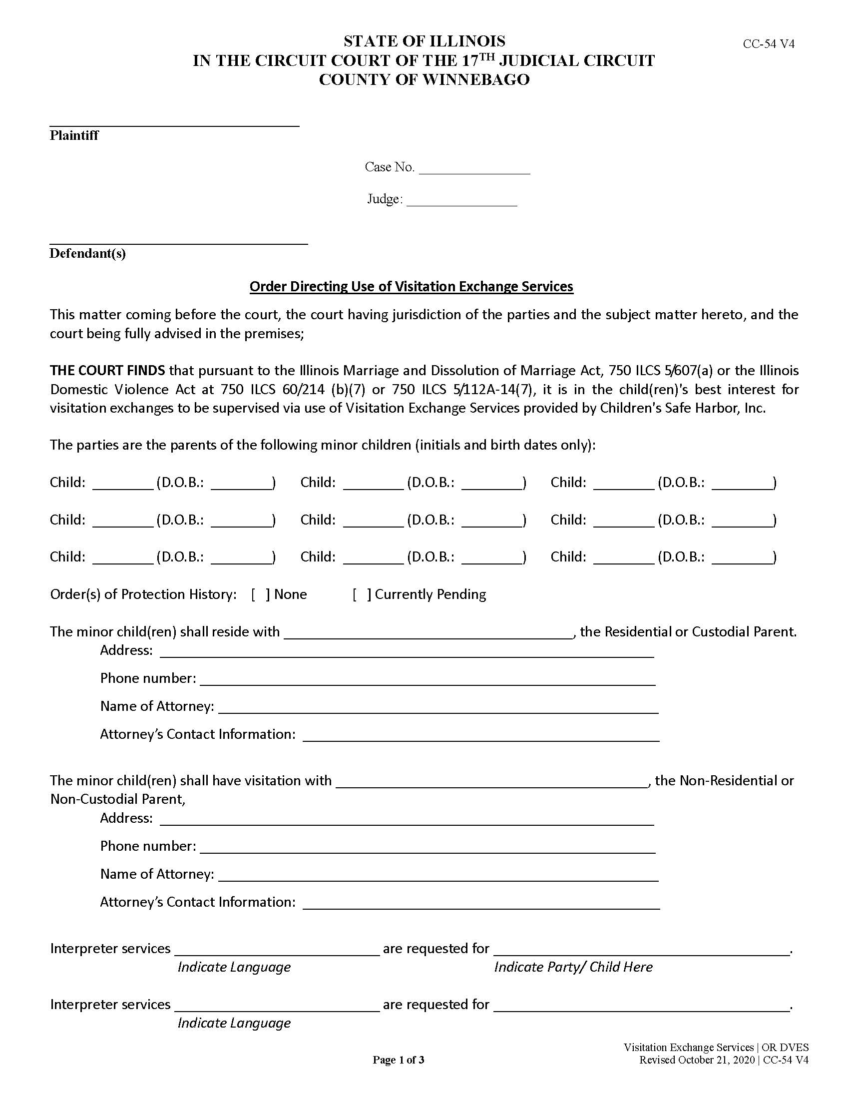 Order Directing Use Of Visitation Exchange Services {CC-54 V4} | Pdf Fpdf Docx | Illinois