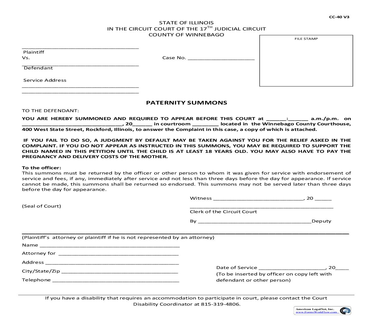 Paternity Summons {CC-40} | Pdf Fpdf Doc Docx | Illinois