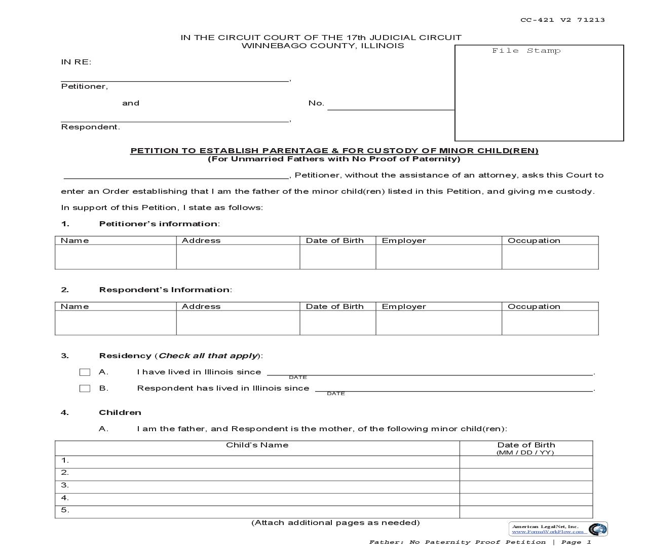 Petition To Establish Paternity And Custody (Father No Proof) And Order Of Parentage And Custody {CC-421 C-422} | Pdf Fpdf Doc Docx | Illinois