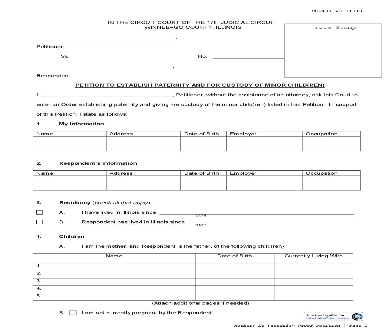 Petition To Establish Paternity And Custody And Order To Establish Parentage And For Custody {CC-401 C-402} | Pdf Fpdf Doc Docx | Illinois