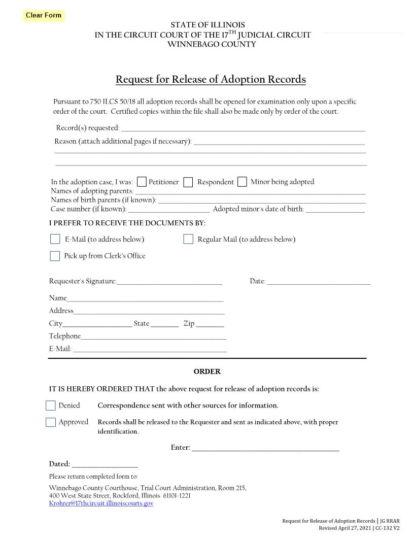 Request For Release Of Adoption Records {CC-132 V2} | Pdf Fpdf Docx | Illinois