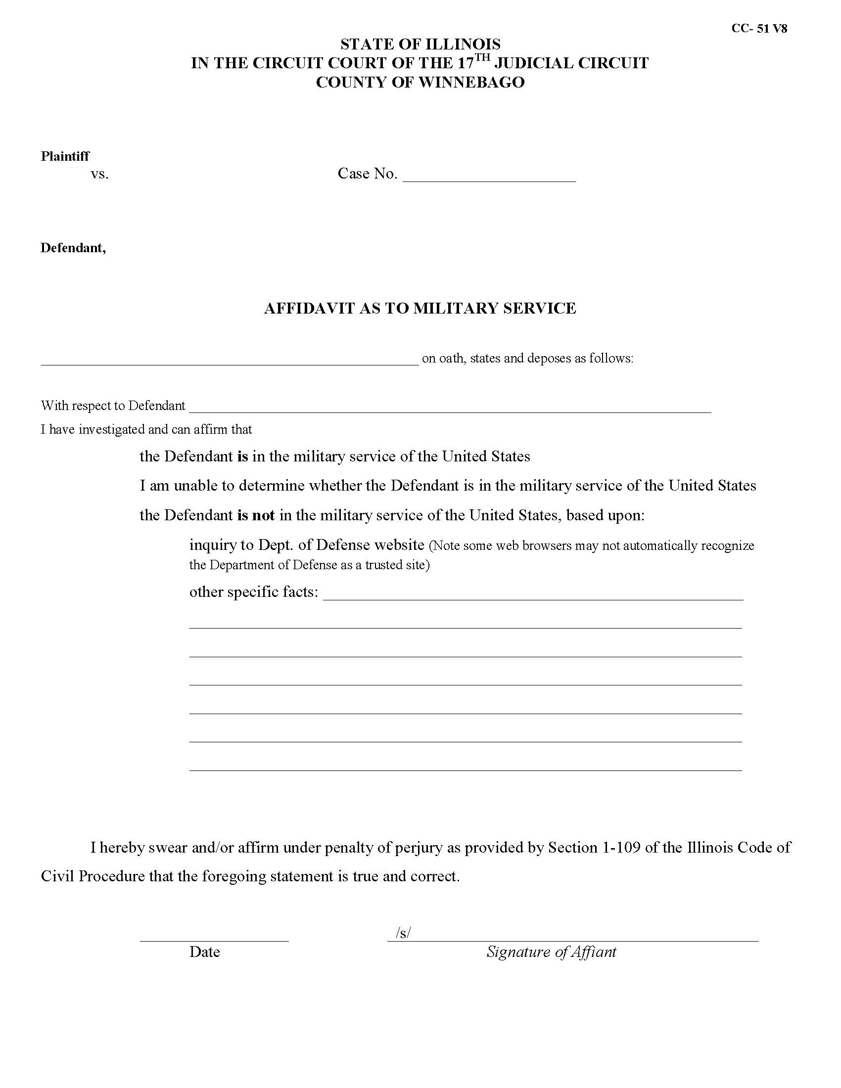 Affidavit As To Military Service {CC-51 V8} | Pdf Fpdf Docx | Illinois