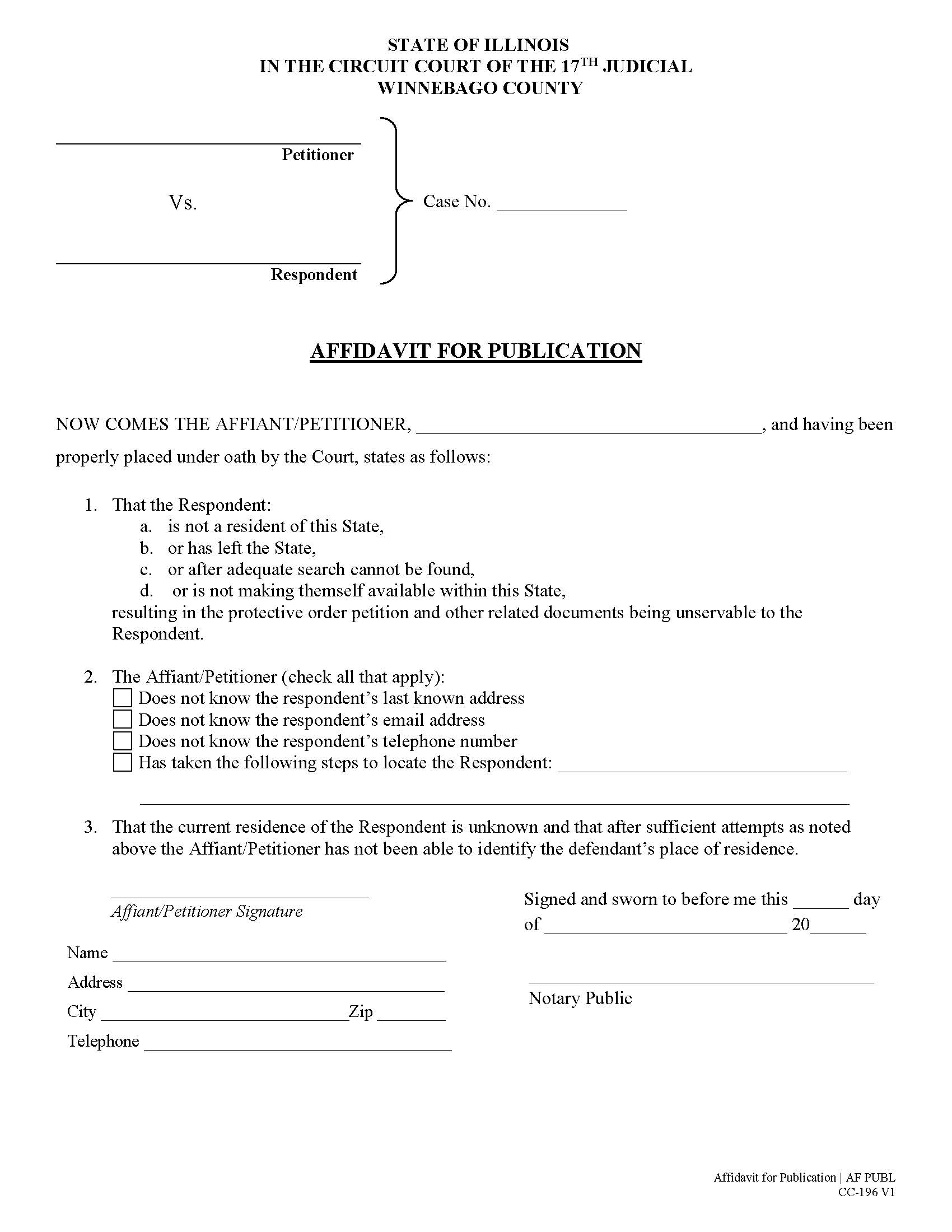 Affidavit For Publication {CC-196} | Pdf Fpdf Docx | Illinois