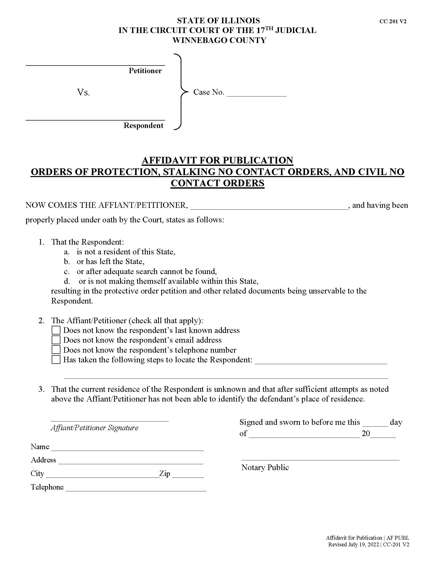 Affidavit For Publication Orders Of Protection No Contact Orders {CCC-201} | Pdf Fpdf Doc Docx | Illinois