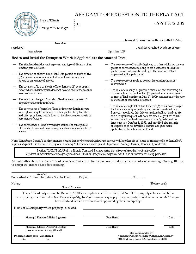 Affidavit Of Exception To The Plat Act | Pdf Fpdf Docx | Illinois