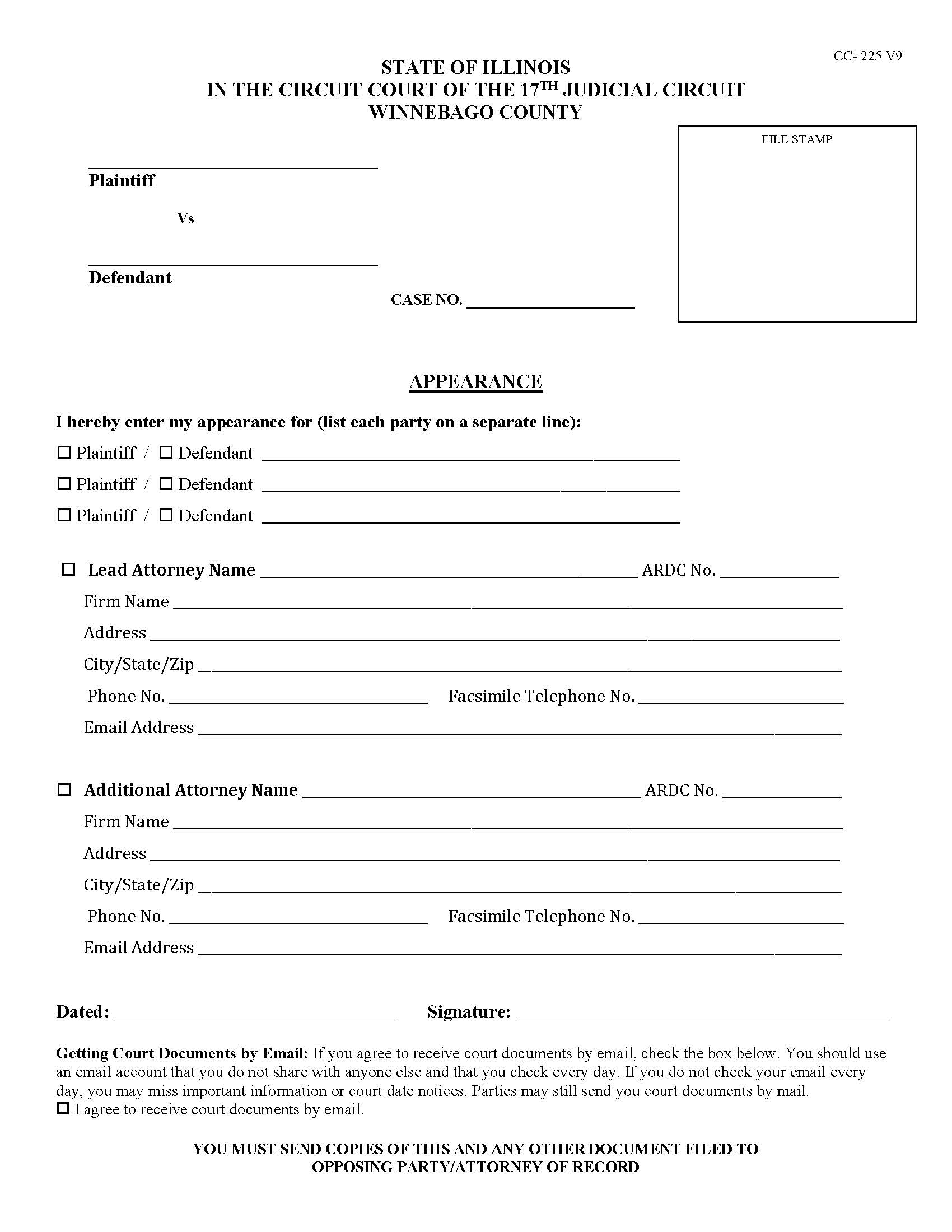 Appearance (Attorney) {CC-225 V9} | Pdf Fpdf Doc Docx | Illinois