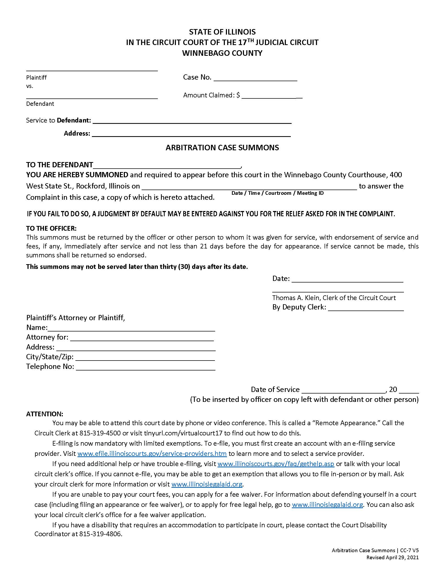 Arbitration Case Summons {CC-7 V5} | Pdf Fpdf Doc Docx | Illinois