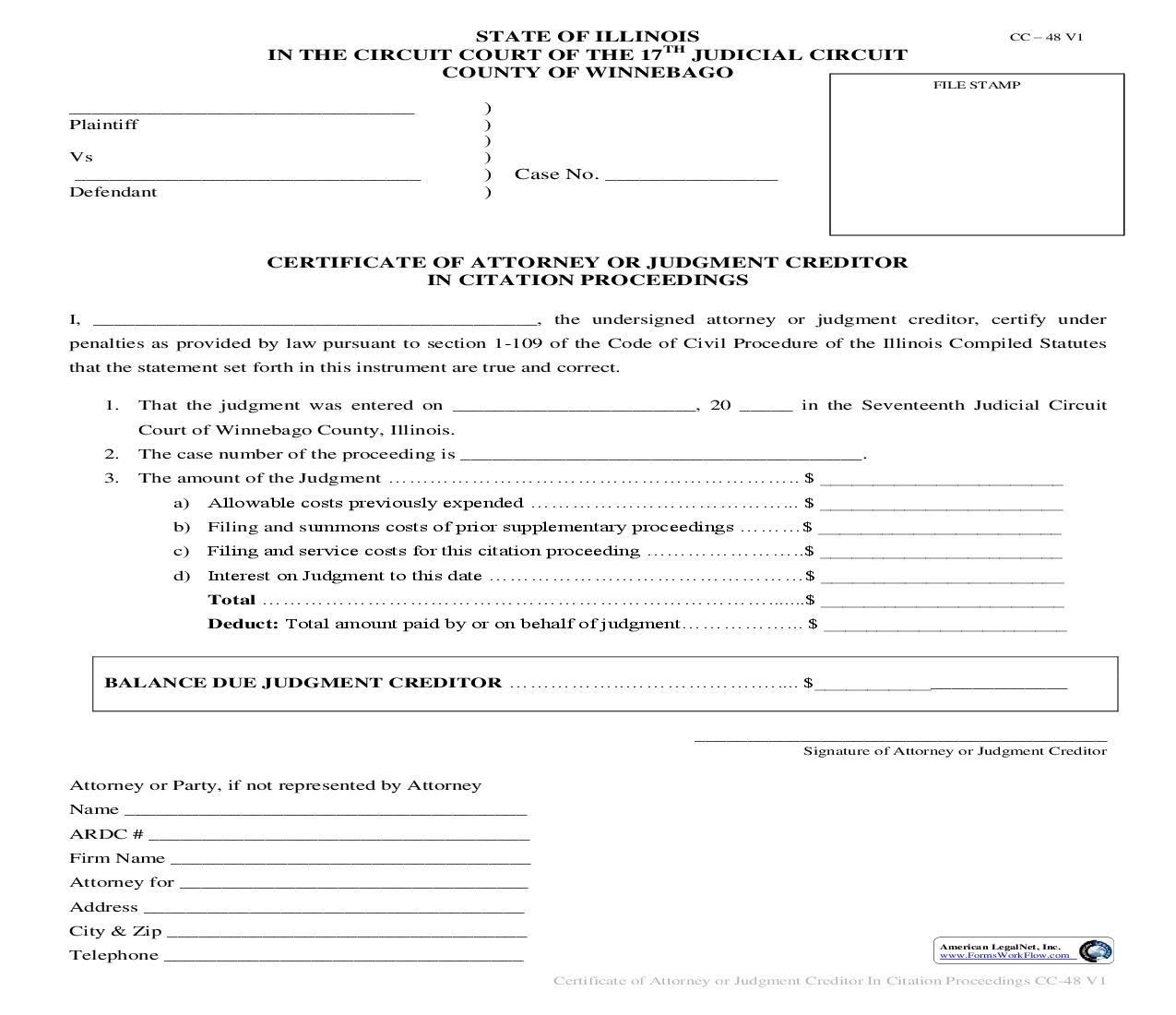 Certificate Of Attorney Or Judgment Creditor In Citation Proceedings {CC-48} | Pdf Fpdf Docx | Illinois