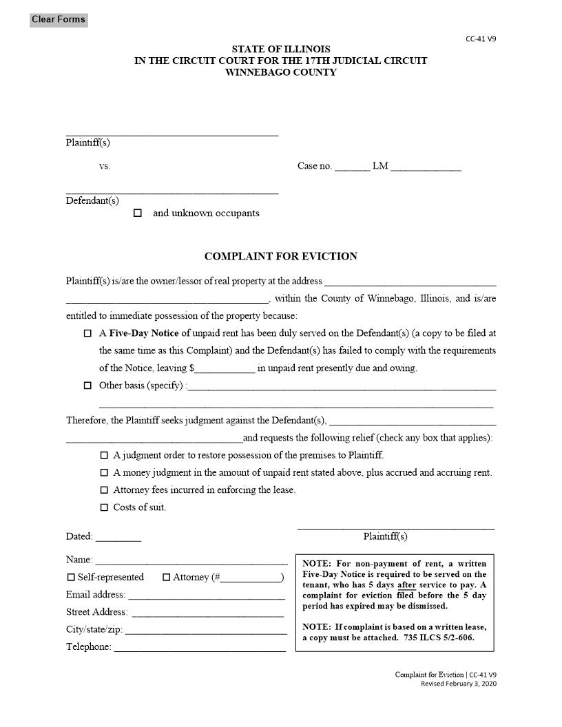 Complaint For Eviction {CC-41 V9} | Pdf Fpdf Docx | Illinois