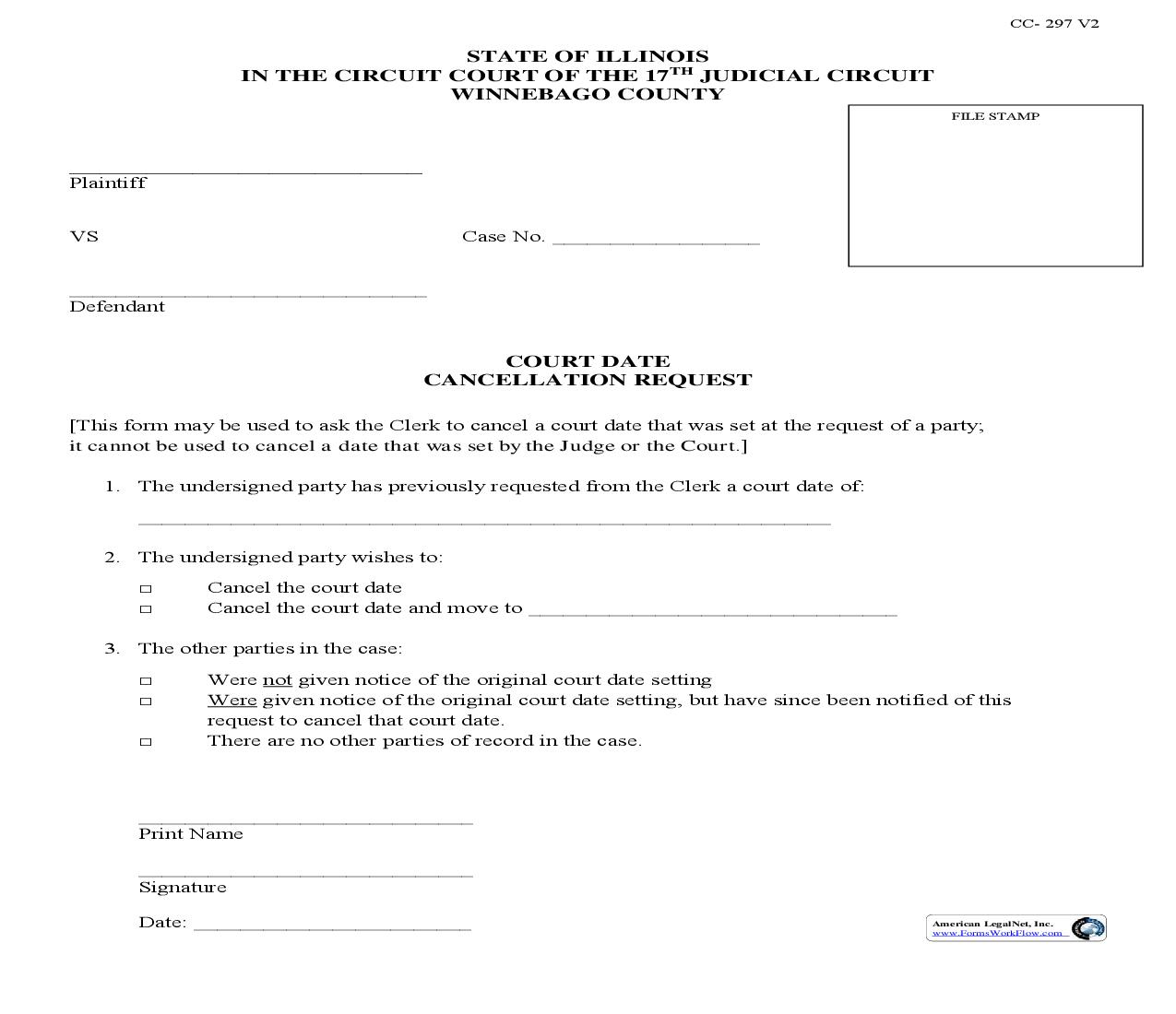 Court Date Cancellation Request {CC-297} | Pdf Fpdf Doc Docx | Illinois