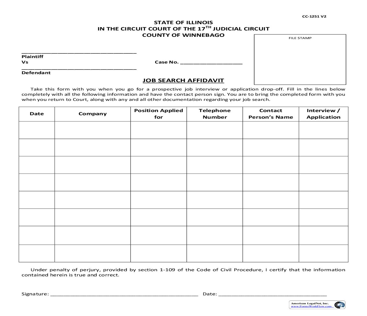 Job Search Affidavit {CC-1251} | Pdf Fpdf Doc Docx | Illinois