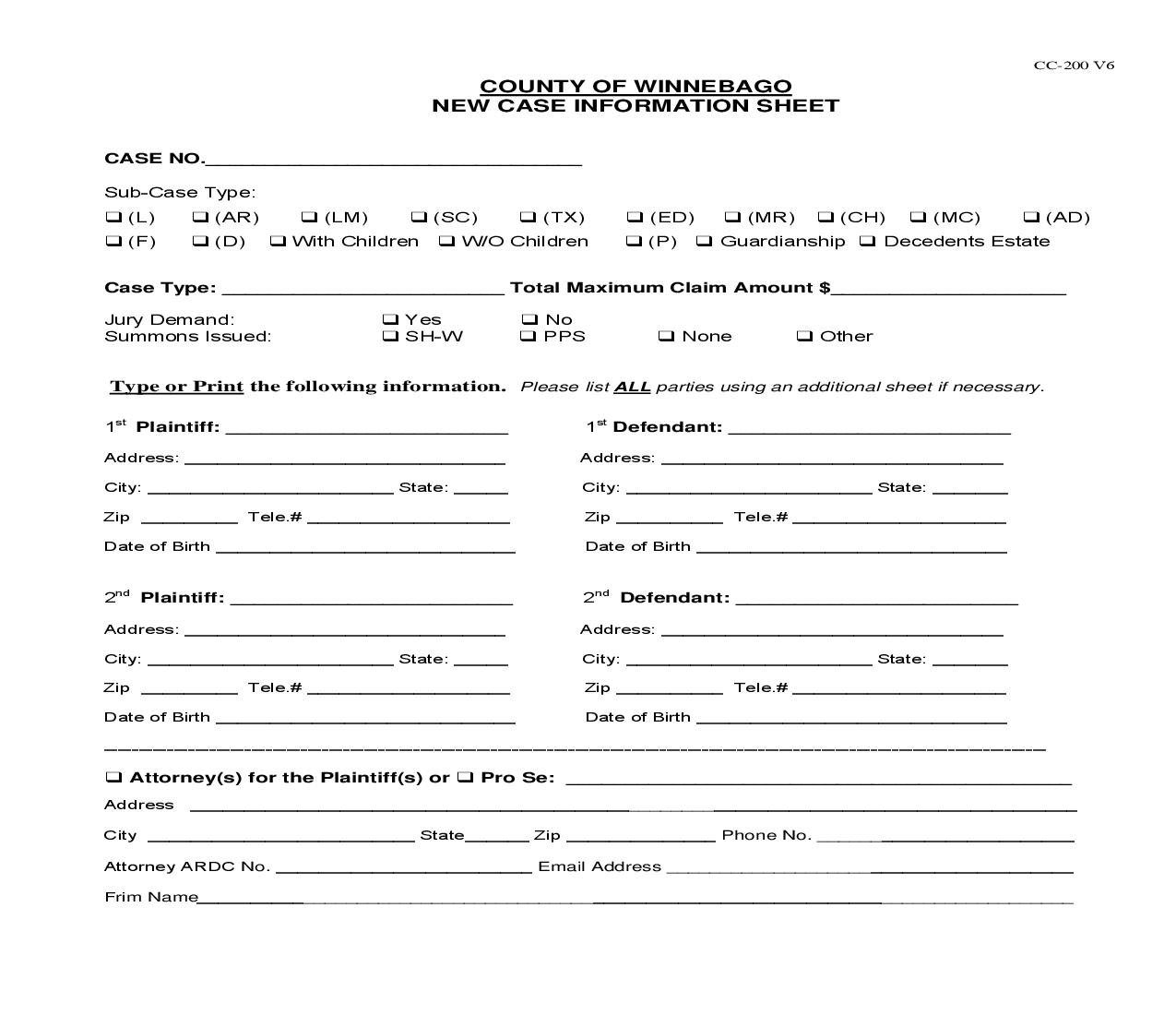 New Case Information Sheet {CC-200} | Pdf Fpdf Doc Docx | Illinois