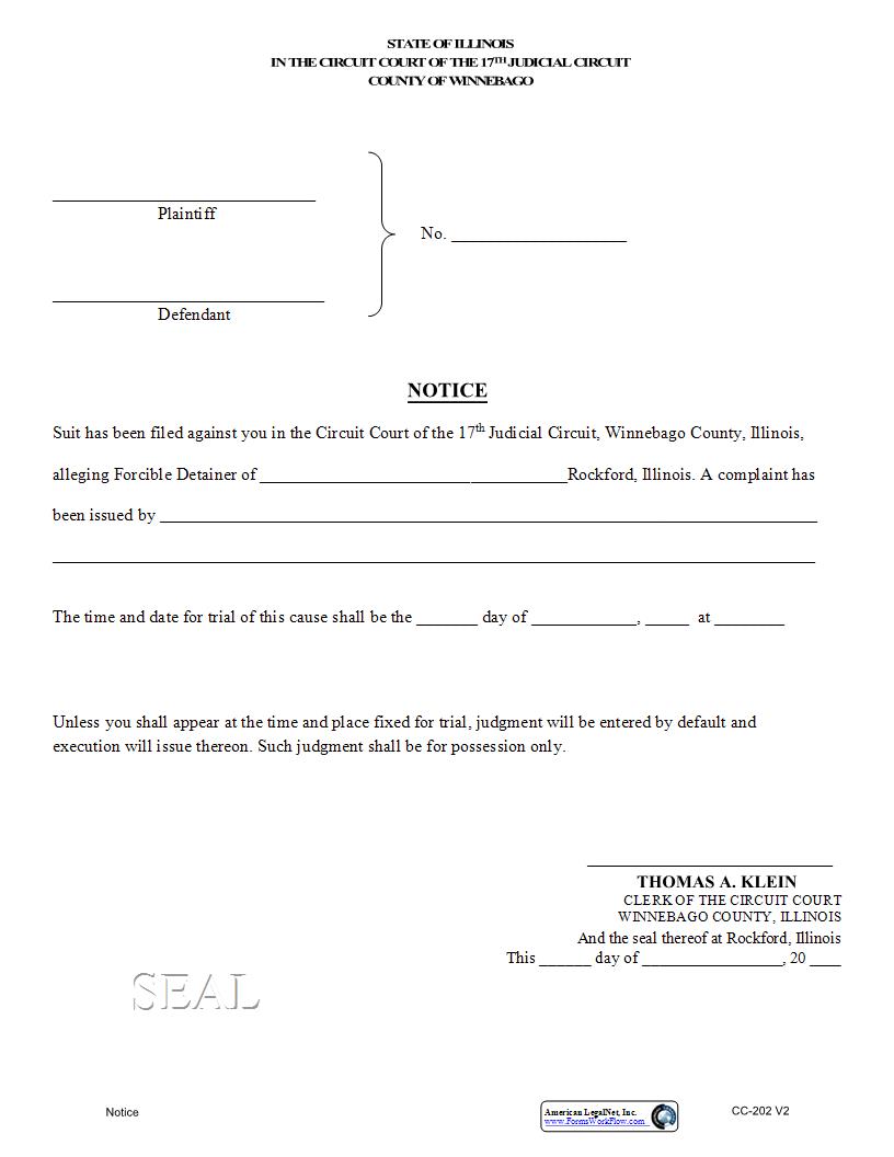Notice Forcible Detainer Complaint {CC-202} | Pdf Fpdf Docx | Illinois
