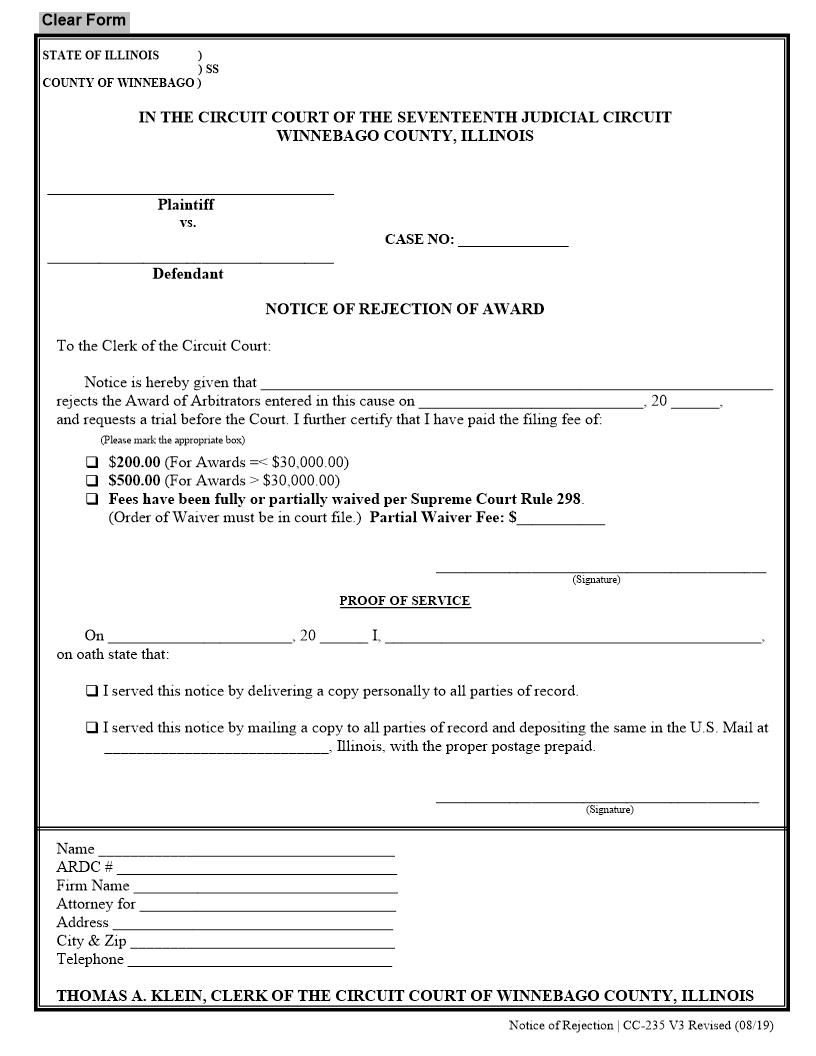 Notice Of Rejection Of Award {CC-235} | Pdf Fpdf Docx | Illinois