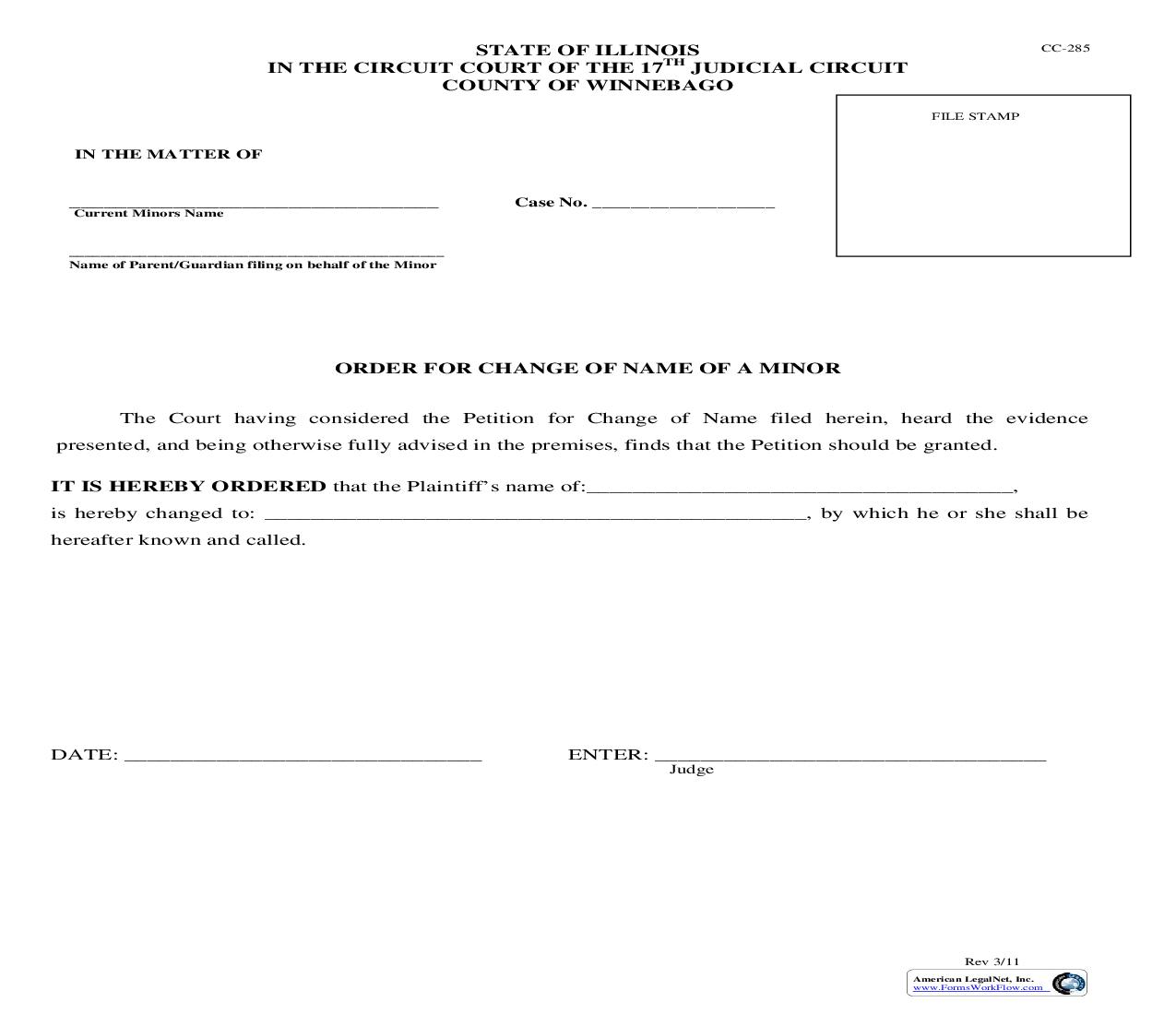 Order For Change Of Name Of Minor {CC-285} | Pdf Fpdf Doc Docx | Illinois