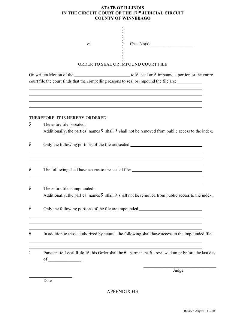 Order To Seal Or Impound Court File {Appendix HH} | Pdf Fpdf Doc Docx | Illinois
