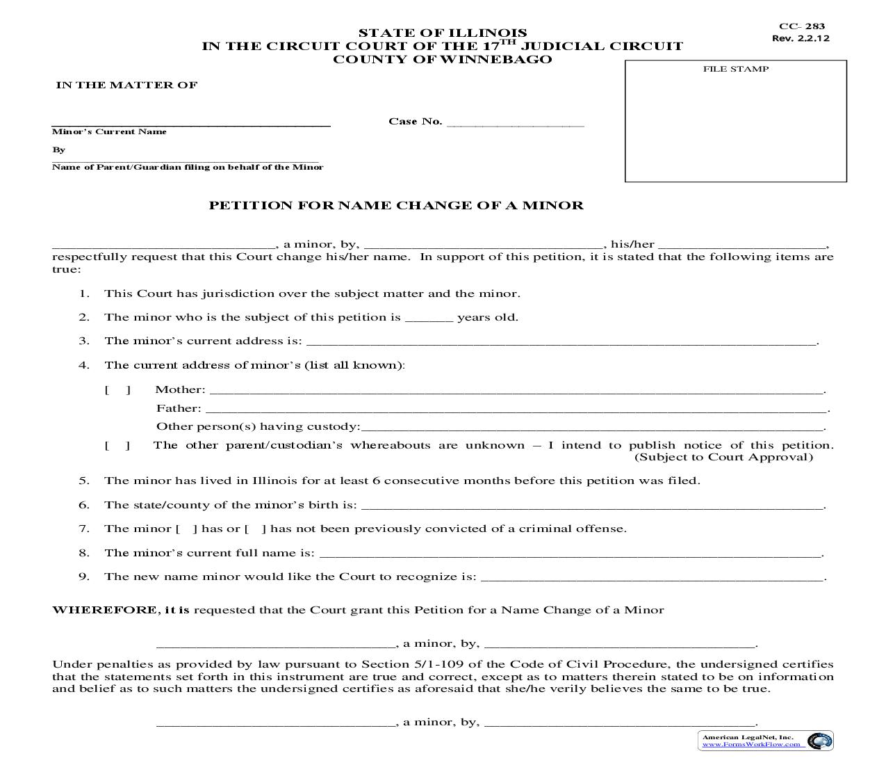 Petition For Name Change Of A Minor {CC-283} | Pdf Fpdf Doc Docx | Illinois