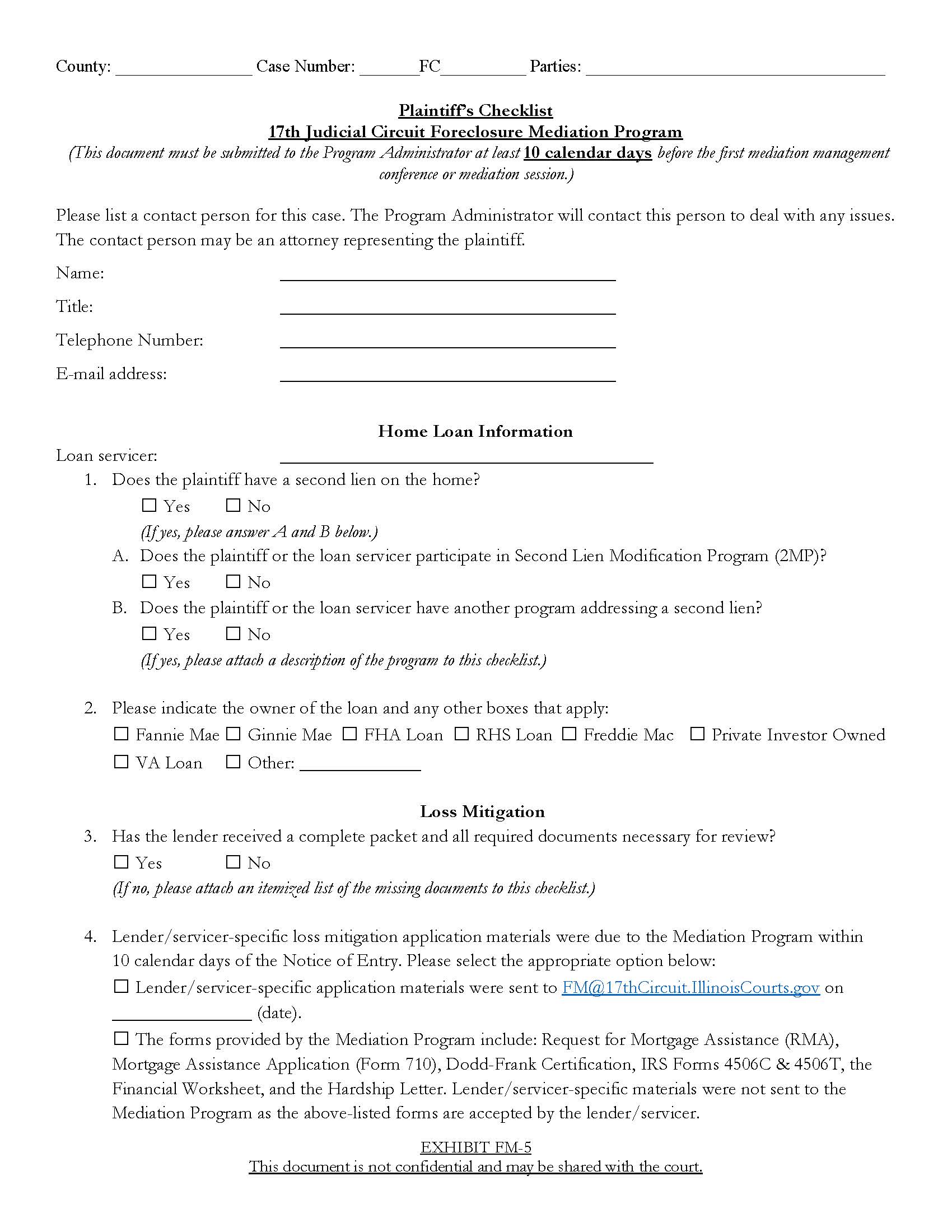 Plaintiffs Checklist 17th JC Foreclosure Mediation Program {Appendix FM-5} | Pdf Fpdf Docx | Illinois