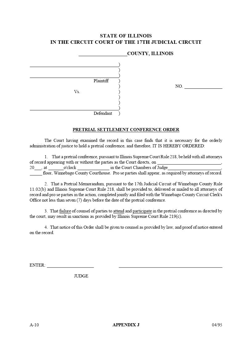 Pretrial Settlement Conference Order {Appendix J} | Pdf Fpdf Docx | Illinois