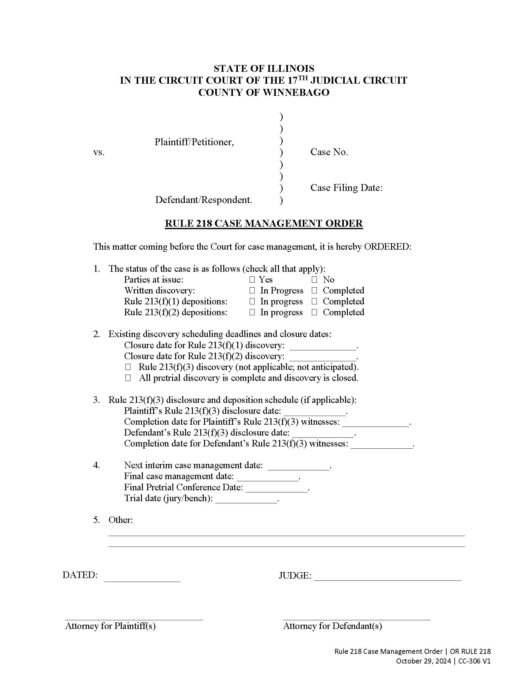 Rule 218 Case Management Order {CC-306 v1} | Pdf Fpdf Docx | Illinois