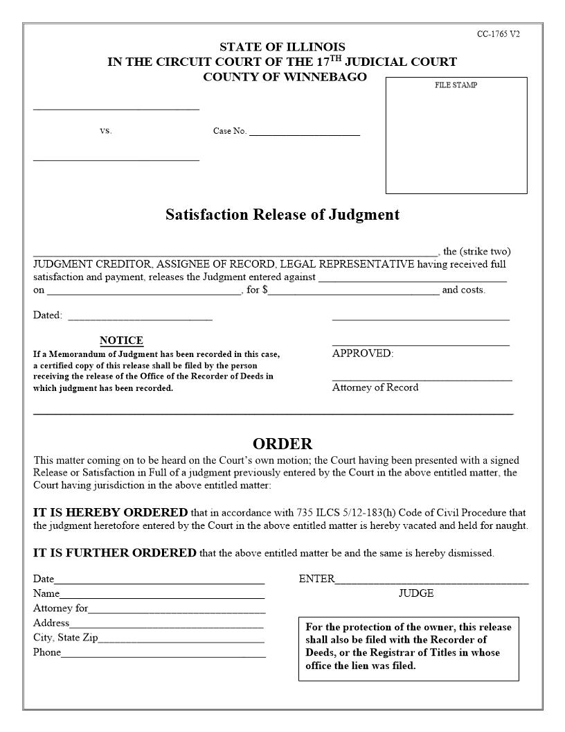 Satisfaction Release Of Judgment {CC-1765 V2} | Pdf Fpdf Docx | Illinois