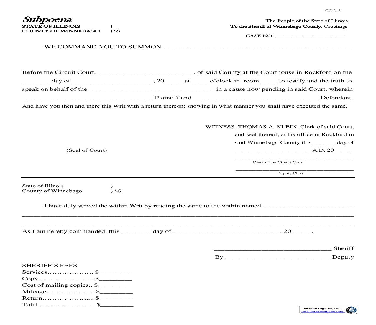 Subpoena (To Testify) {CC-213} | Pdf Fpdf Doc Docx | Illinois